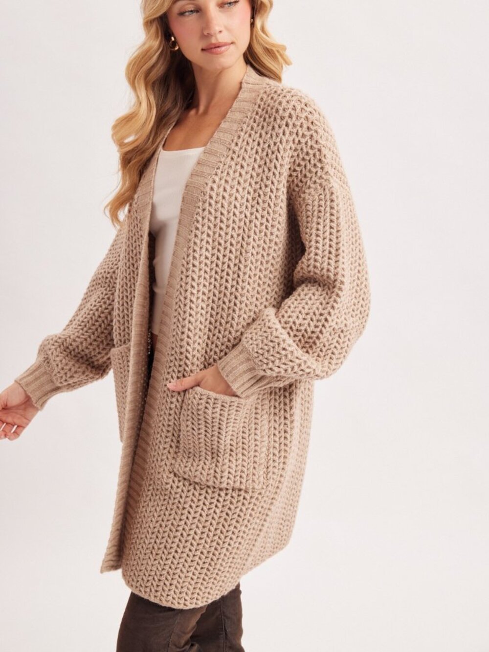 Open-front Waffle Chunky Knit Cardigan - Picture 6 of 12